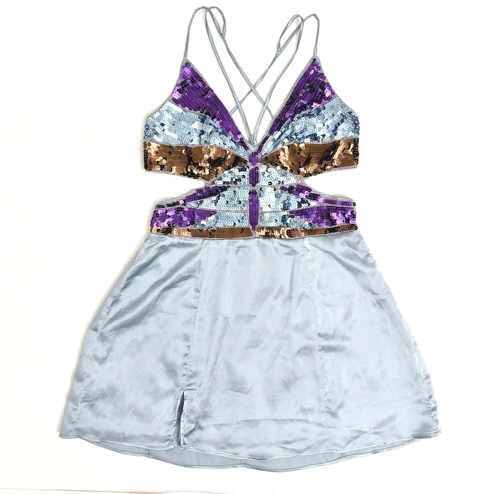 Mini Dress Butterfly Sequin Cutout Small Light Blue
